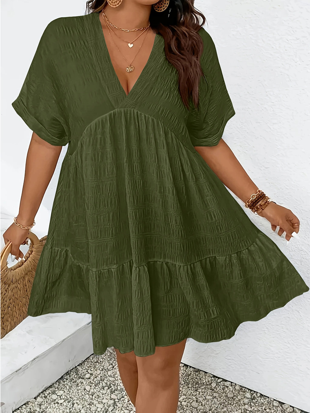 Summer Casual Deep V-Neck Short-Sleeve Loose Dress